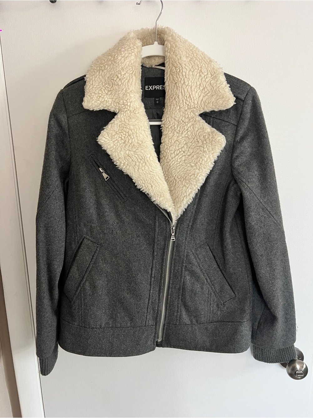 Express Gray Jacket with Cream Sherpa Collar